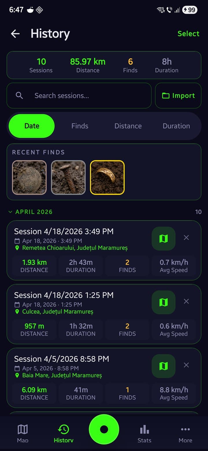 Metal detecting session history with monthly session list and batch actions