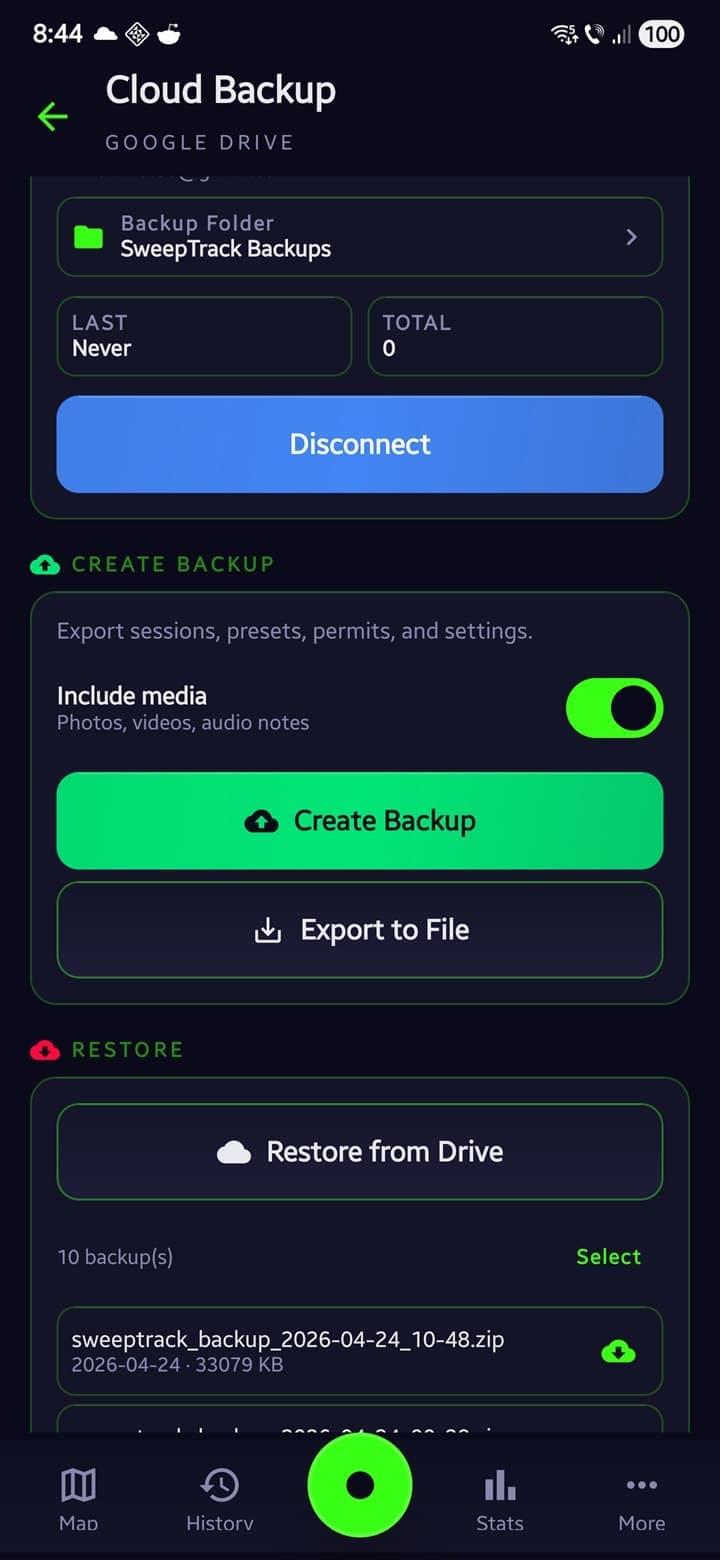 Metal detecting cloud backup to Google Drive — sessions, finds, presets, and permissions