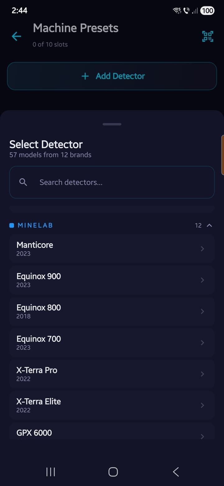 Metal detector reference library with 60+ models across 12 brands