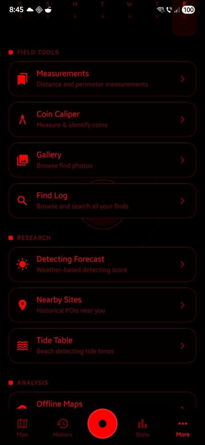 Metal detecting app night vision mode with red monochromatic display for dawn and dusk sessions