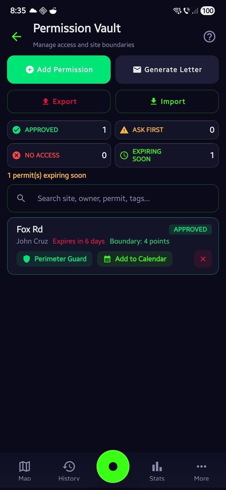 Metal detecting permission vault tracking landowner approvals, expiry dates, and site boundaries